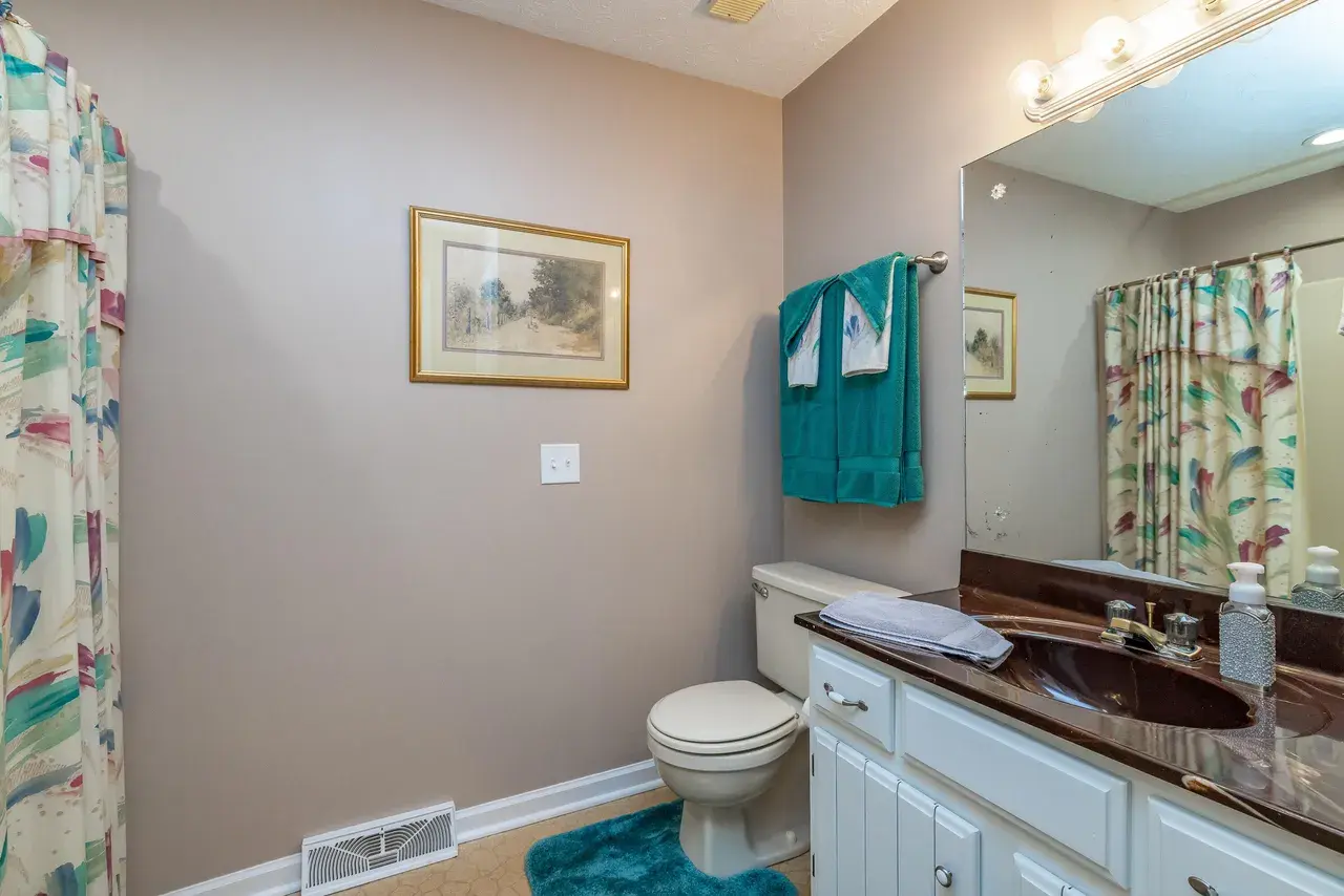 Hall bathroom before: tan walls, a patterned shower curtain, and a single-sink vanity with a dark countertop.