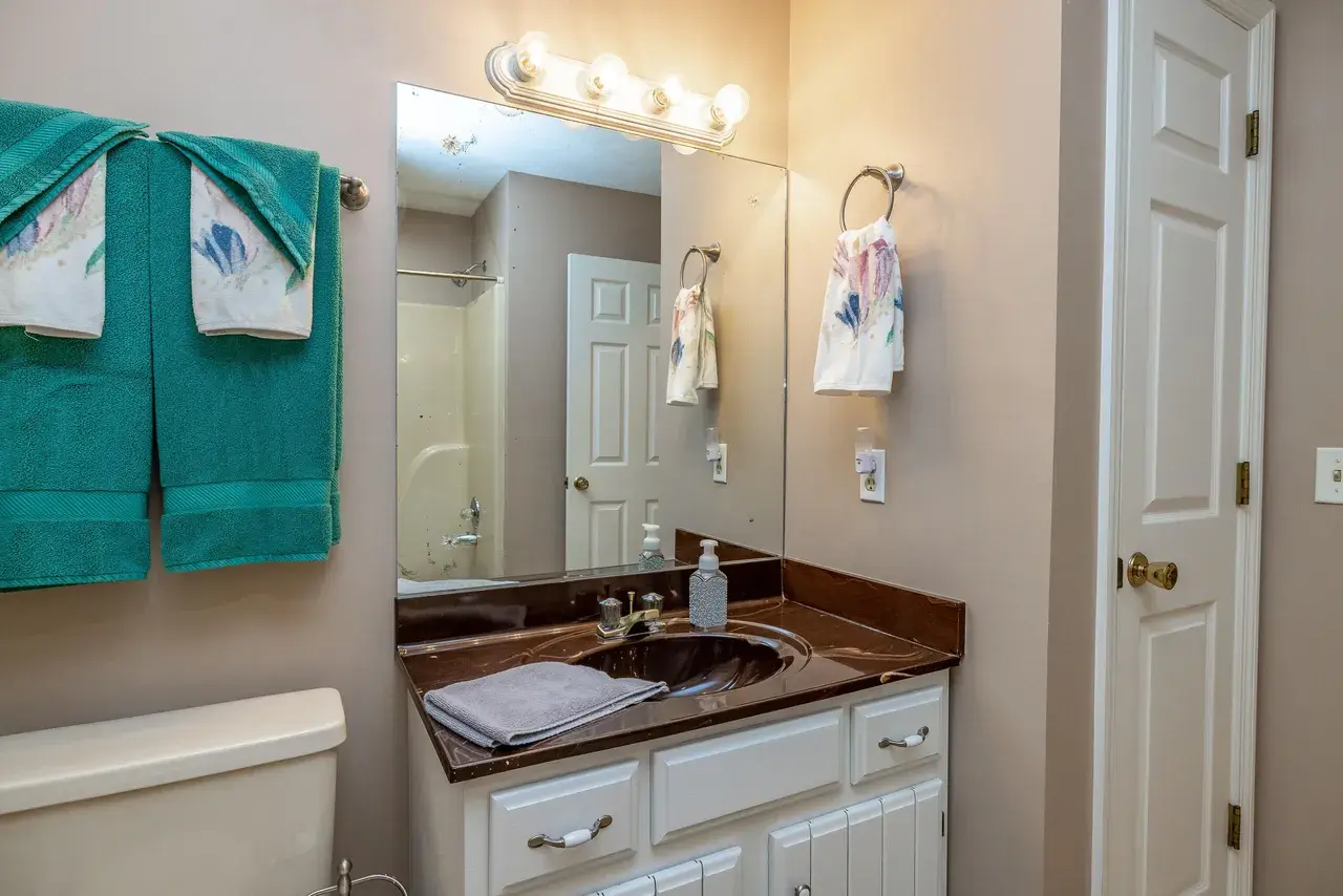 The old vanity: one moulded bowl set into a burgundy cultured-marble top, with a single strip light above.